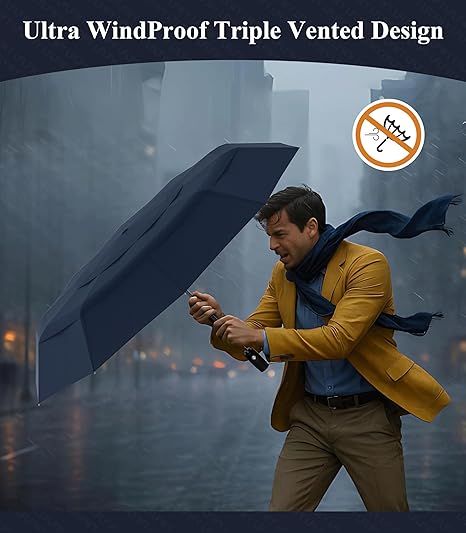 3T Aerodynamics 42’’ Windproof Travel Umbrella Compact Automatic Open Close Umbrellas for Rain Military Grade Fiberglass Frame Durable Folding Umbrella